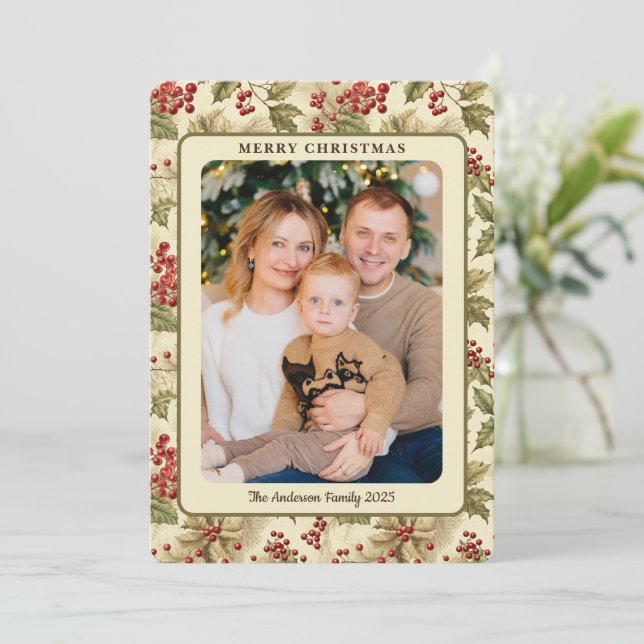 Klassisk Vintage Holly Bär Jul Fotokort Julkort (Stående Fram)