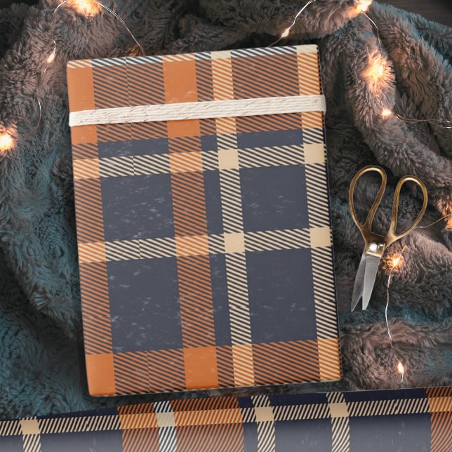 Klassisk Vintage - Höstblått och Orange inlagd Presentpapper (Classic Vintage Autumn Blue and Orange Plaid Wrapping Paper)