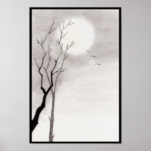 Klassisk vintage japanese night måne scenery sumi- poster