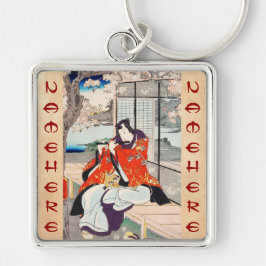 Klassisk vintage japansk ukiyo-e flöjtspelare kons fyrkantig silverfärgad nyckelring
