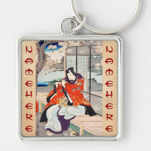 Klassisk vintage japansk ukiyo-e flöjtspelare kons fyrkantig silverfärgad nyckelring