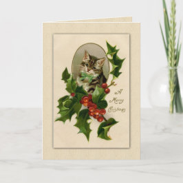 Klassisk Vintage Kattunge och Holly jul Helgkort