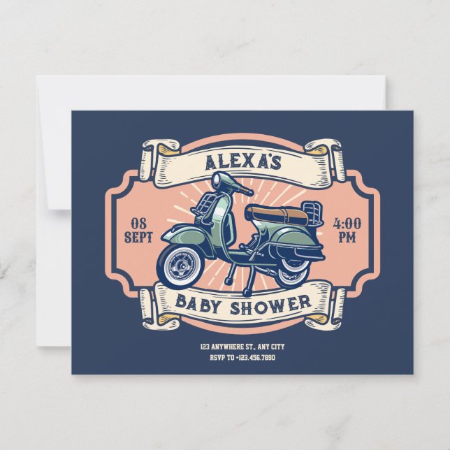 Klassisk vintage - motorcykelbabydusch inbjudningar (Framsida)