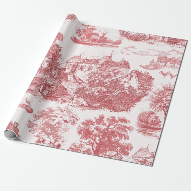 Klassisk Vintage Red Fransk Chateau Land Toile Presentpapper (Utrullad)