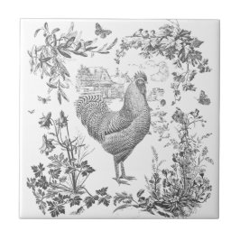 Klassisk Vintage Tupp Grått Blommigt Toile Kakelplatta