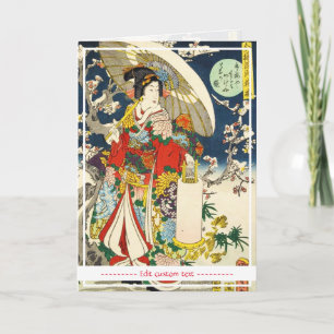 Klassisk vintage ukiyo-e geisha med paraplla maiko kort