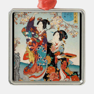 Klassisk vintage ukiyo-e två geishor Utagawa konst Julgransprydnad Metall