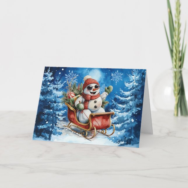 Klassisk vinterblå akvarell snöman filt helgkort (Framsida)