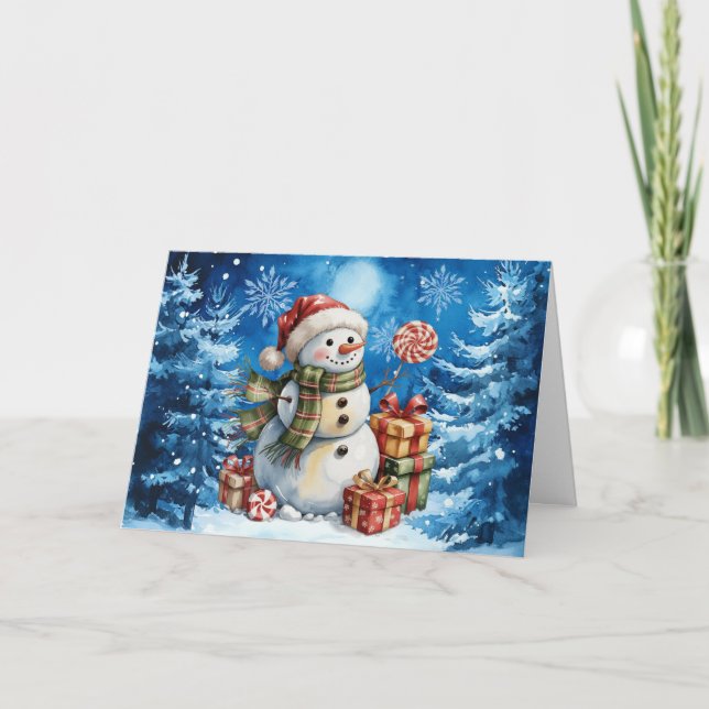 Klassisk vinterblå jul Snögubbe Helgkort (Framsida)