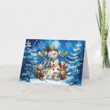 Klassisk vinterblå snöman och skogslevande djur