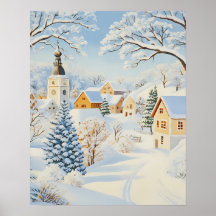 Klassisk vintersbygd med snötäckt kyrka och träd