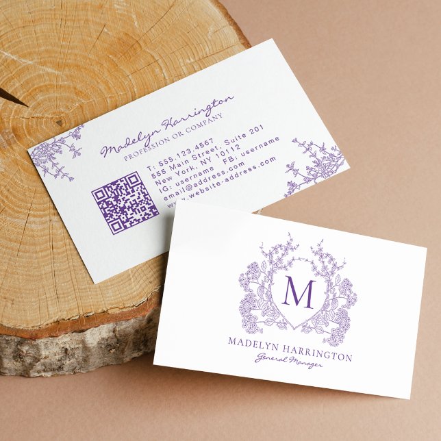 Klassisk Violett Blommig Vapen Monogram QR-kod Visitkort (Skapare uppladdad)