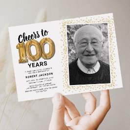 Klassisk vit 100-års födelsedagsfoto-inbjudan inbjudningar