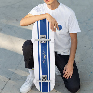 Klassisk vit blå Tävla Rand Guld Monogrammed Mini Skateboard Bräda 18,5 Cm