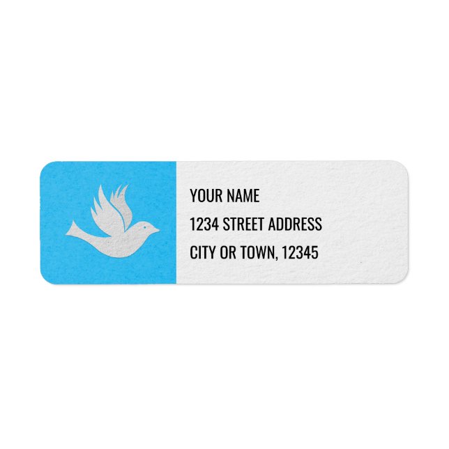 Klassisk vit duvgrafik på blått returadress etikett (Framsidan)