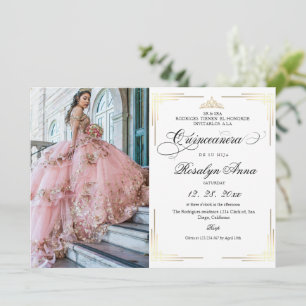 Klassisk vit guldskript Quinceañera-fotografi Inbjudningar
