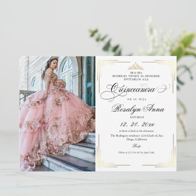 Klassisk vit guldskript Quinceañera-fotografi  Inbjudningar (Stående Fram)
