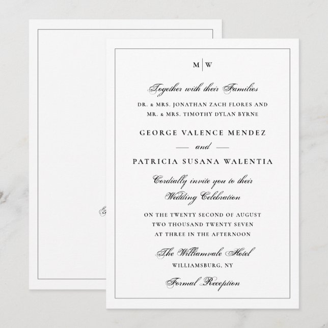 Klassisk Vit Monogram QR-kod Bröllop Inbjudningar (Fram/baksida)