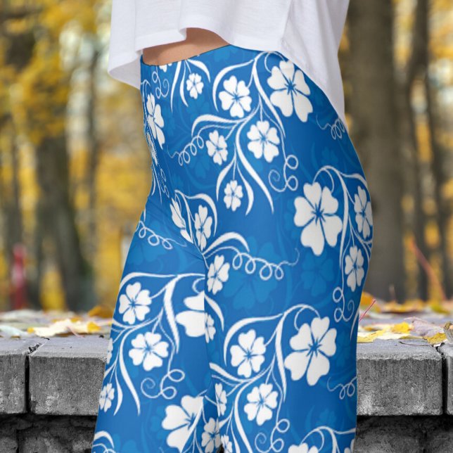 Klassisk vit och blå Blommigt Leggings (White Floral on Blue)