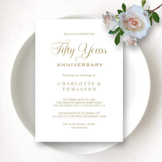 Klassisk vit och Guld 50-årsdagen Bröllop Inbjudningar (Classic White and Gold 50th Anniversary Wedding Invitation)