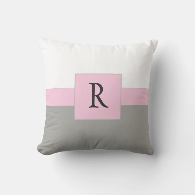 Klassisk vit Rosa och Grått Monogram Kudde (Framsida)