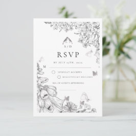 Klassisk vit svart blomklädd bröllop OSA kort