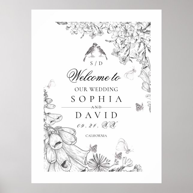 Klassisk vit svart blomsterbröllop välkommen  poster (Framsidan)