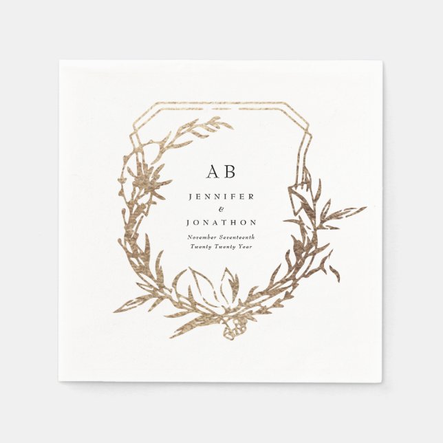 Klassisk vit svart guld blommigt bröllop pappersservett (Framsidan)