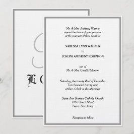 Klassisk Vit Svart Silver Monogram Bröllop Inbjudningar