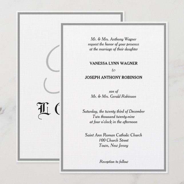 Klassisk Vit Svart Silver Monogram Bröllop  Inbjudningar (Fram/baksida)
