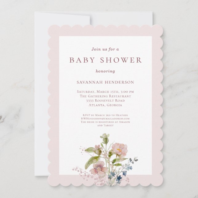 Klassisk Watercolor Wildbloms Rosa Baby Shower Inbjudningar (Framsida)
