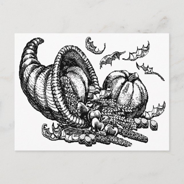 Klassisk Wicker Cornucopia Black White Illustratio Vykort (Framsida)