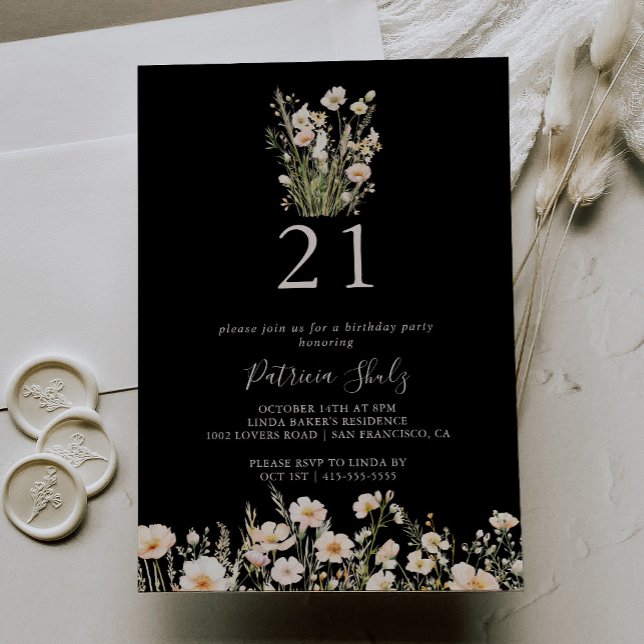 Klassisk  Wildblomsvart 21:a födelsedag Party Inbjudningar (Skapare uppladdad)