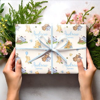 Klassisk Winnie the Pooh Blå Pojke Bebis Duschaffs Presentpapper
