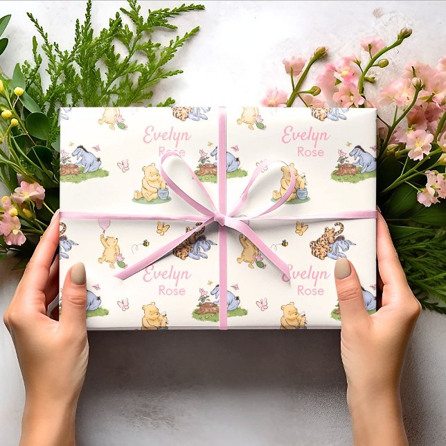 Klassisk Winnie the Pooh Rosa Flick Baby Shower Pr Presentpapper (classic Winnie the Pooh baby shower gift wrapping paper in pink for baby girl first birthday gift )