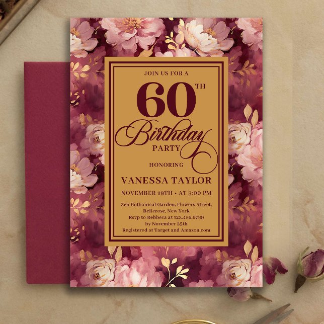 Klassiska 60-års födelsedagsinbjudningar i djup rö inbjudningar (Classic 60th Birthday Deep Red Blush Gold Invitation)