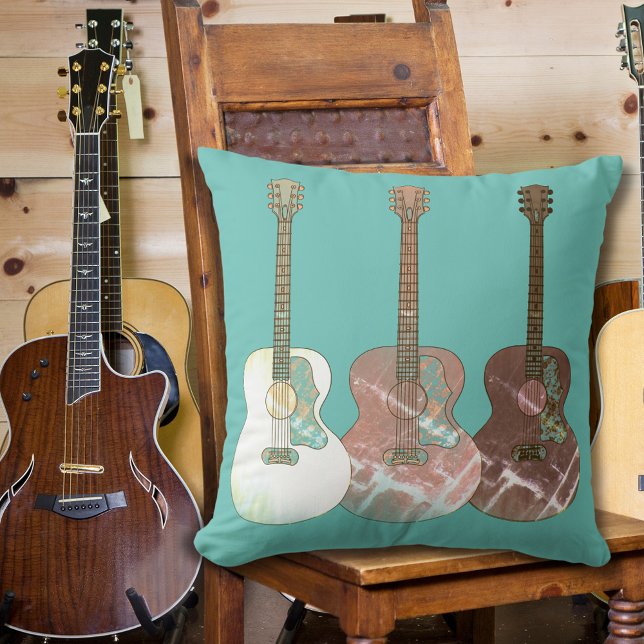 Klassiska akustiska gitarrer Rustika instrument fr Kudde (Acoustic guitar pattern rustic vintage brown and teal pillow)