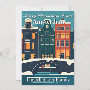 Klassiska Amsterdam jul familj kanalhus Julkort