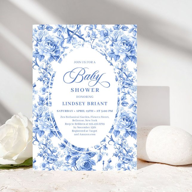 Klassiska baby shower-inbjudningar med Navy Blue T Inbjudningar (Classic Navy Blue Toile Rose Baby Shower Invitation)