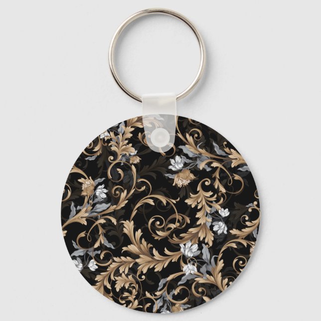 Klassiska barockblommor: svart bakgrund. nyckelring (Framsida)