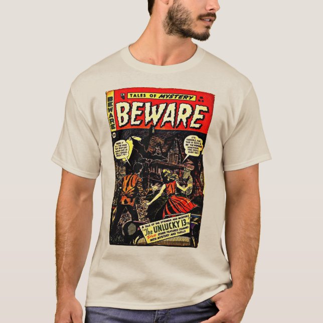 Klassiska "BEWARE" Fantasy Tecknads T-Shirt (Framsida)