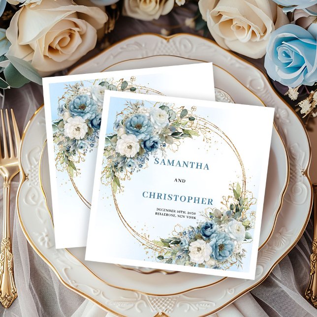 Klassiska blå blommiga vigselfrukostdukar med guld pappersservett (Classic Blue Floral Gold Frame Wedding Napkins)