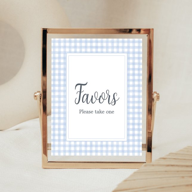 Klassiska blå Gingham-favoriter Poster (Boy Gingham Baby Shower Favors Sign)