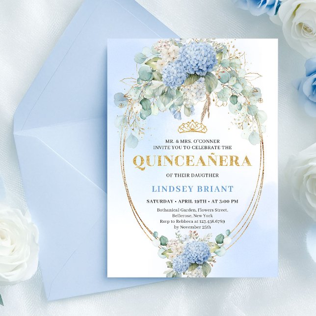 Klassiska blå hortensior Eukalyptus Quince-inbjuda Inbjudningar (Classic Blue Hydrangeas Eucalyptus Quince Invite)