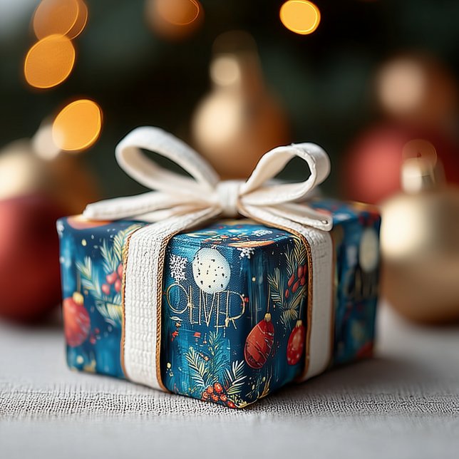 Klassiska blå juldekorationer och järnekmönster presentpapper (Skapare uppladdad)