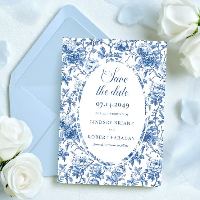 Klassiska Blå Rosor Toile Spara Datum Bröllop Inbjudningar (Classic Blue Roses Toile Save the Date Wedding Card)