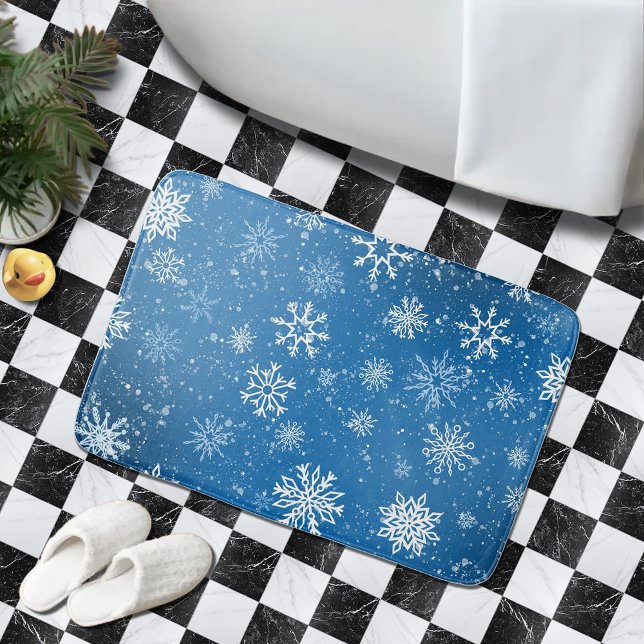 Klassiska Blå Snöflingor Vinter Vit Snö Badrumsmatta (Skapare uppladdad)