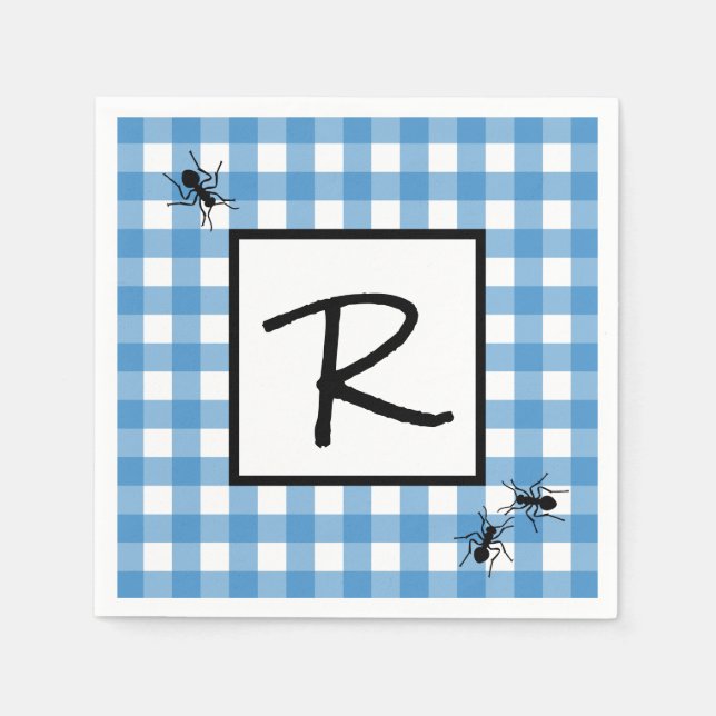 Klassiska blå vita Gingham myror BBQ Picknick Pappersservett (Framsidan)
