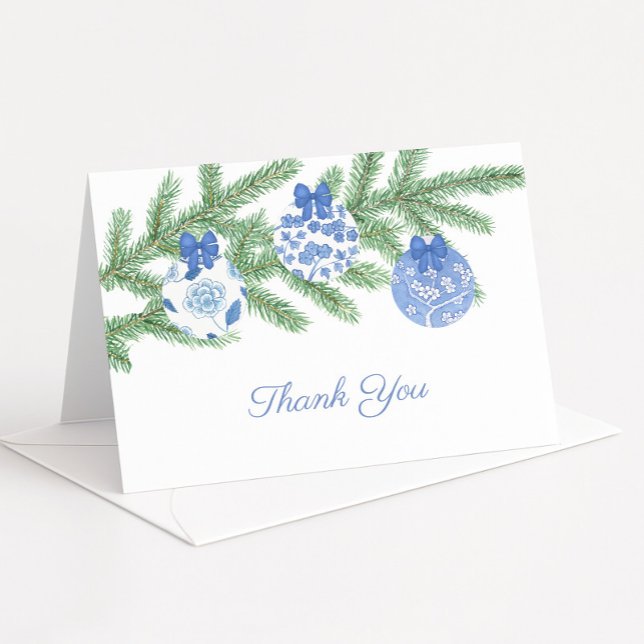 Klassiska blå vita julgranskulor bröllopsdusch tack kort (Blue and white chinoiserie baubles holiday theme thank you card)
