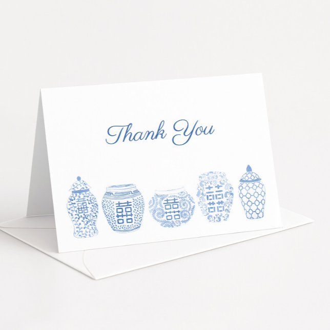 Klassiska blåvita kryddburkar Southern-stil Tack Kort (Simple blue and white watercolor ginger jars thank you card design)